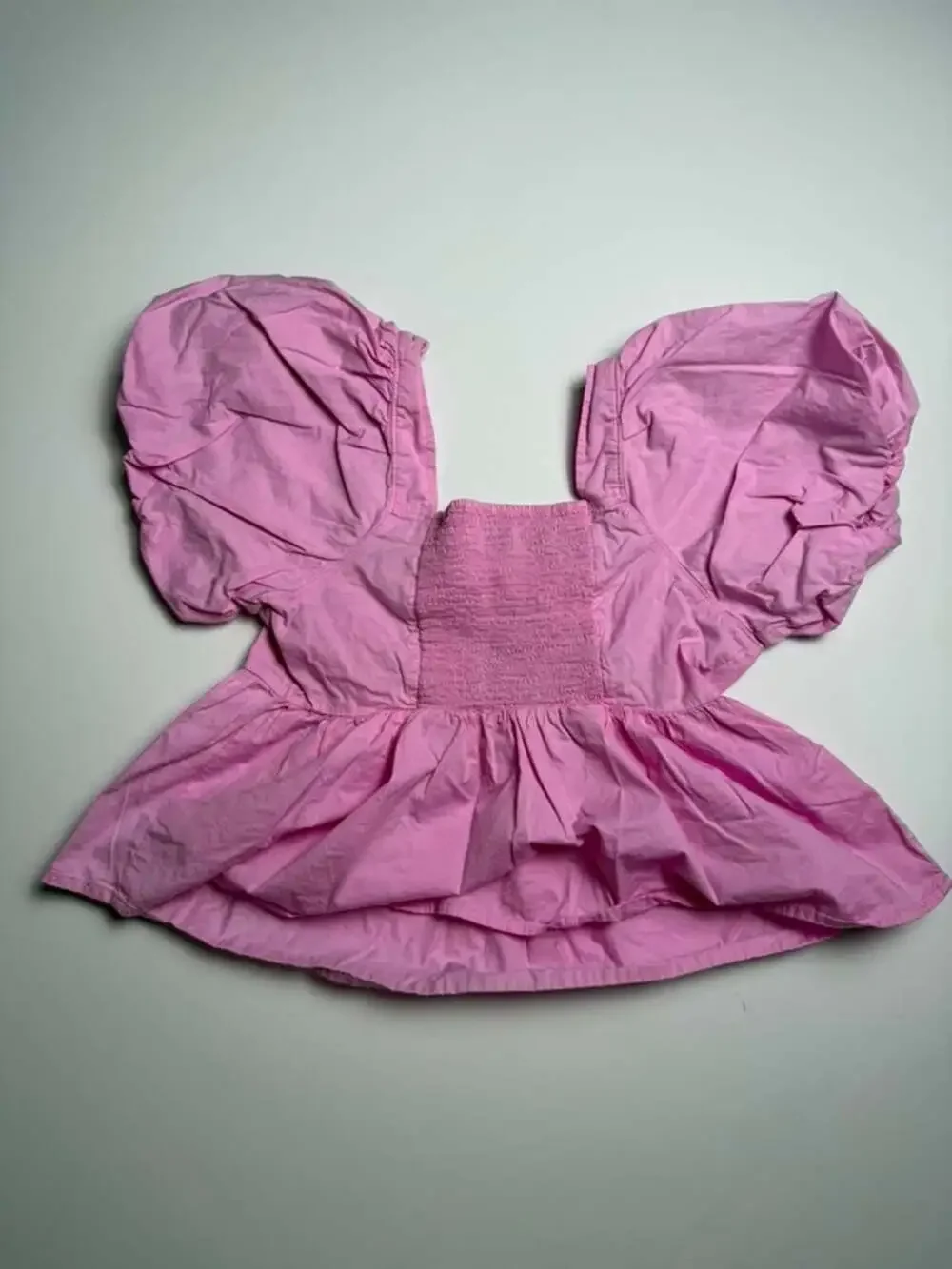 Barbie Pink Puff Sleeve Ruched Fairy Babydoll Milkmaid Cute Blouse Top Size M